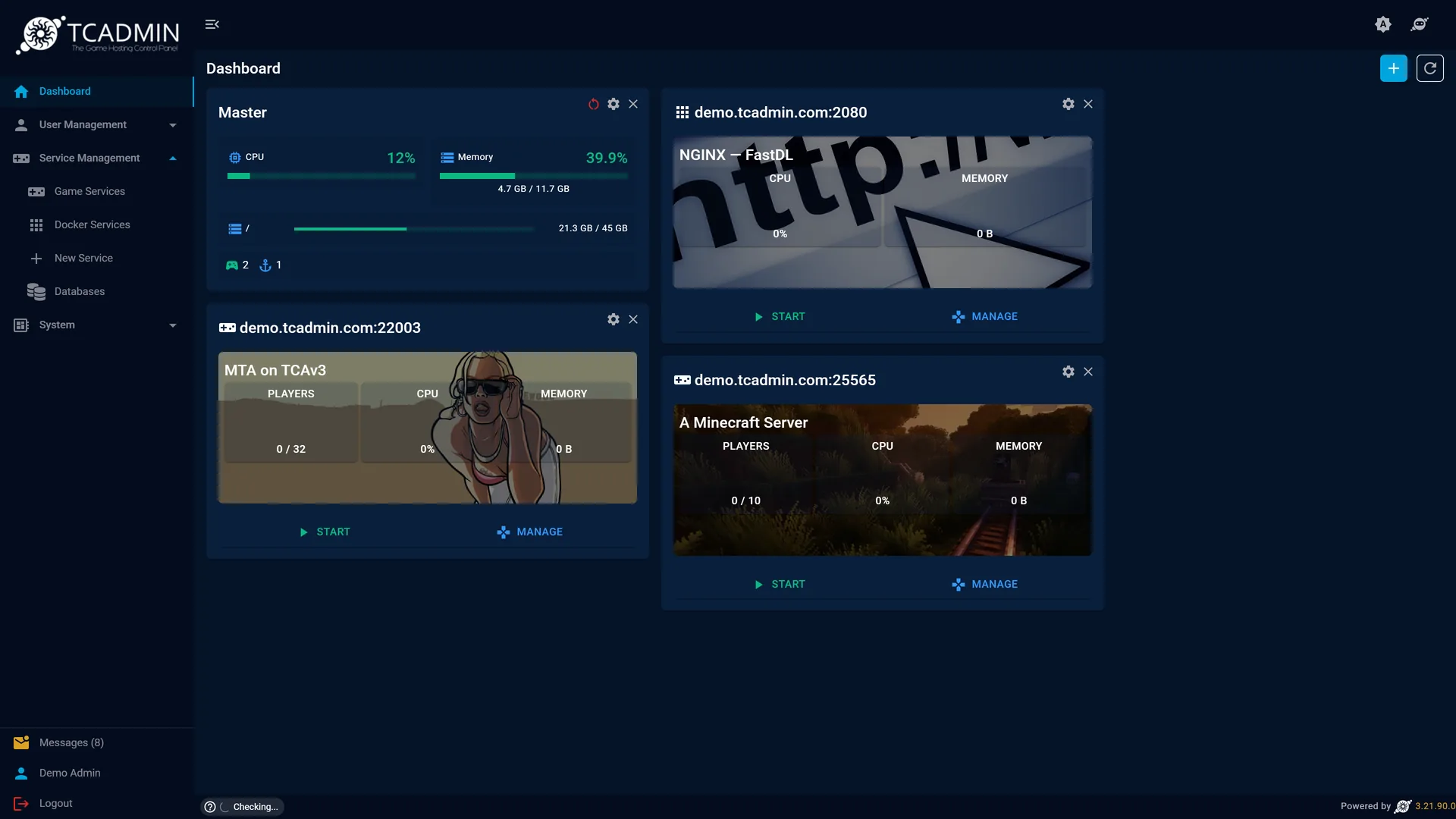 The TCAdmin 3 dashboard showing master server CPU, memory and disk use above service cards.