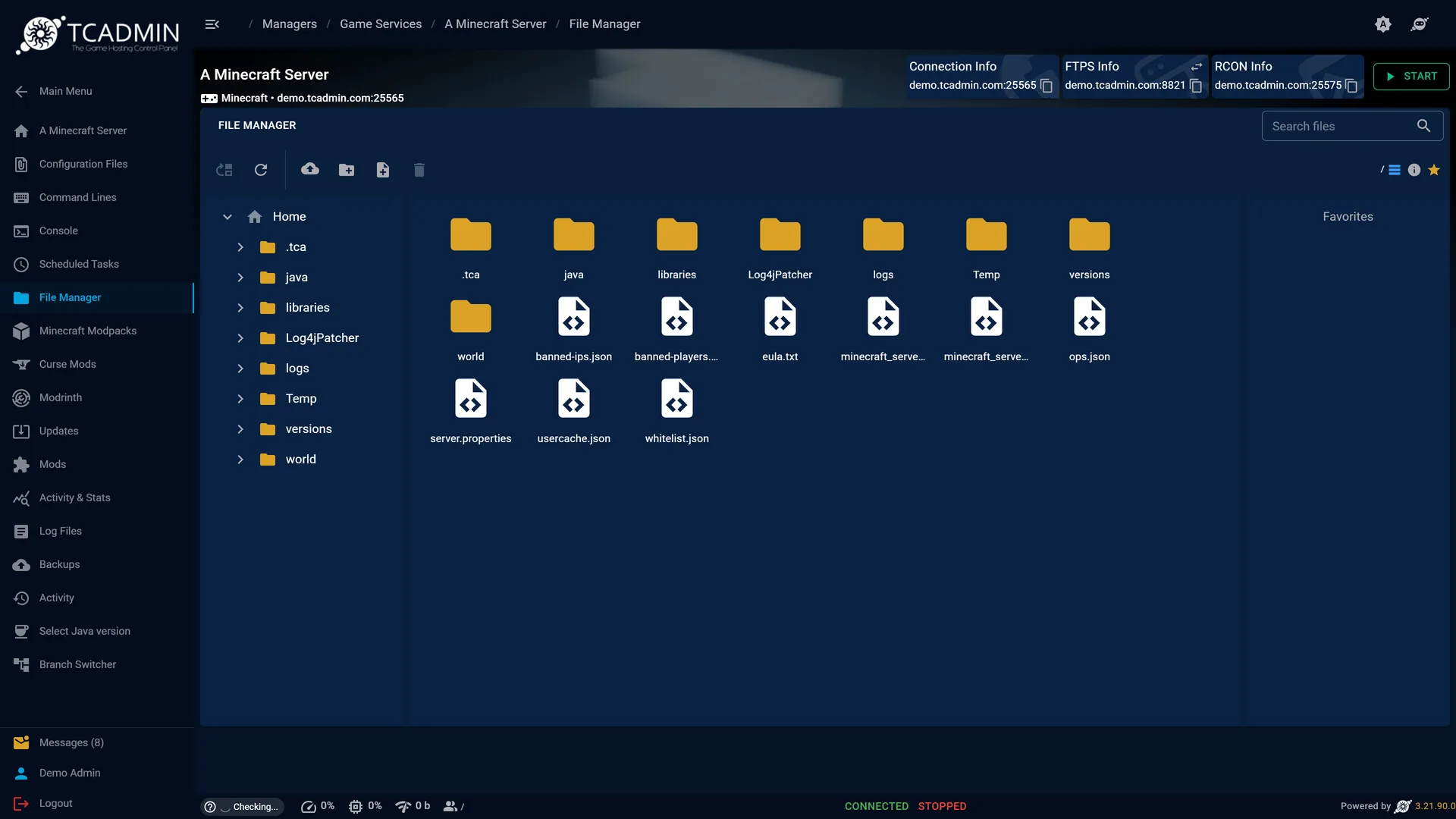 The file manager showing a Minecraft server folder tree and files.