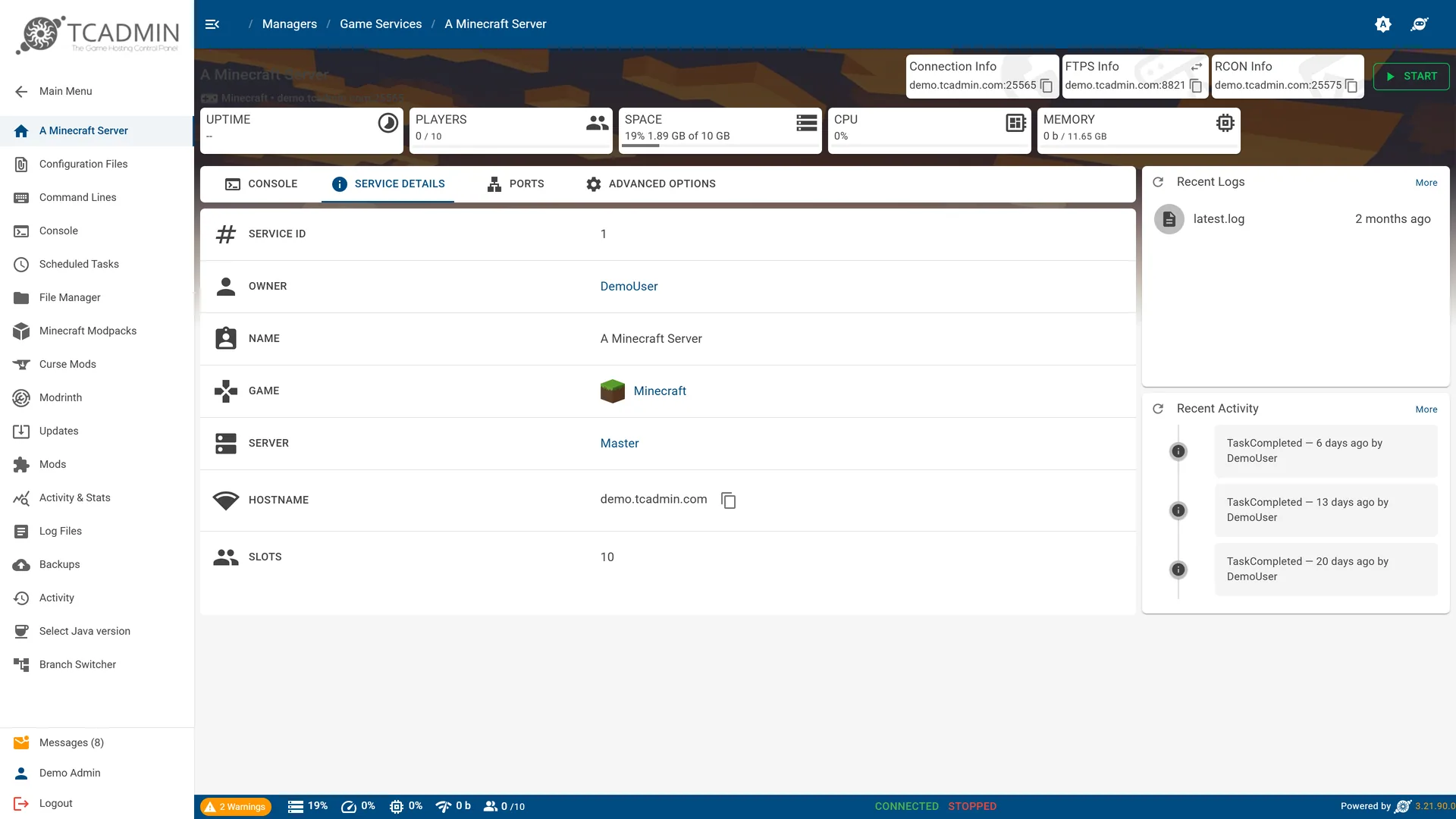 A Minecraft game service in TCAdmin 3 using the default light theme.