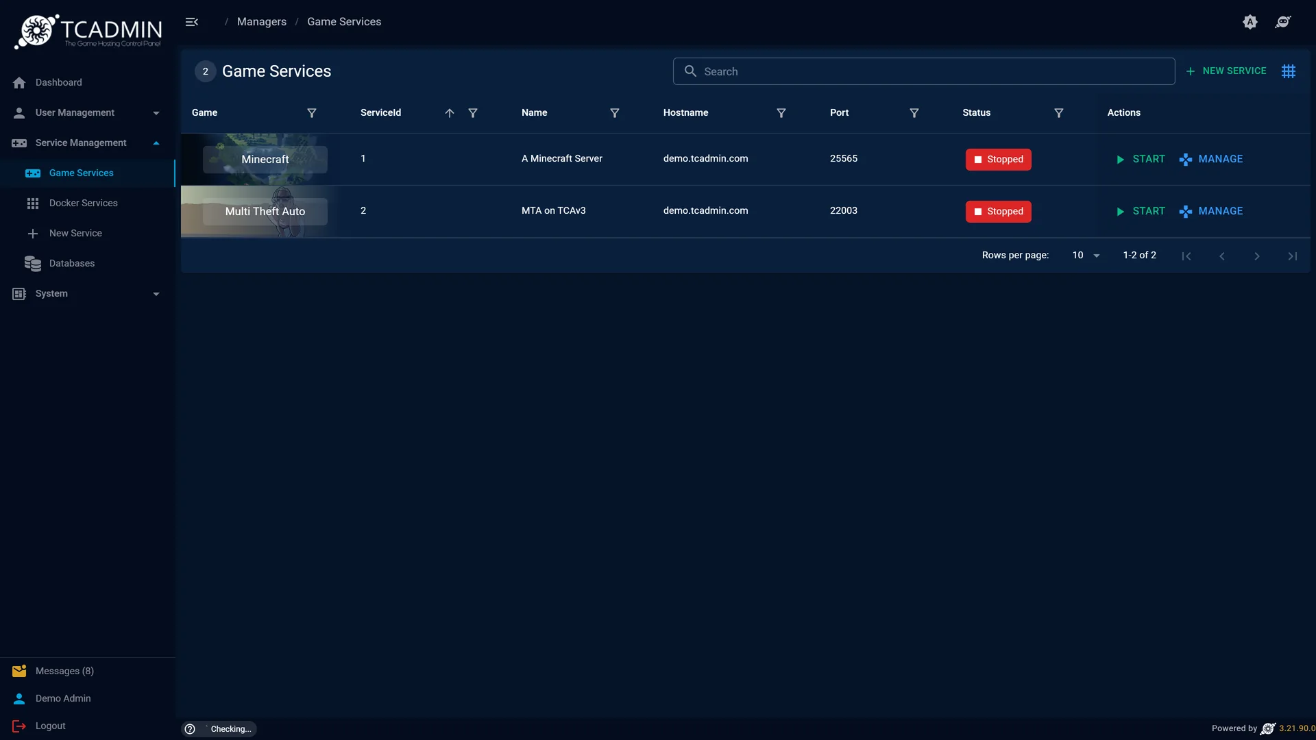 The game services list with Minecraft and Multi Theft Auto servers, their ports and status.