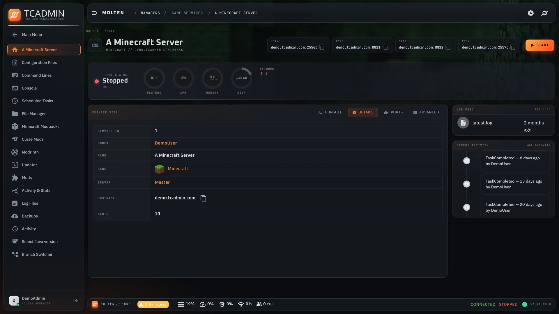 The same service page in the Molten theme, with orange accents.
